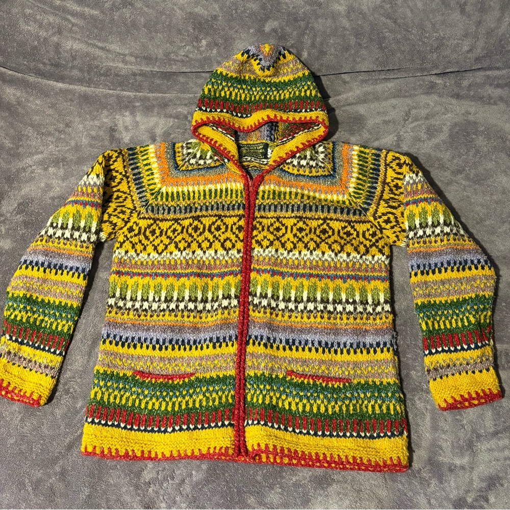 Zip-Up Multicolor Knit Hooded Sweater /Cardigan 100% Wool